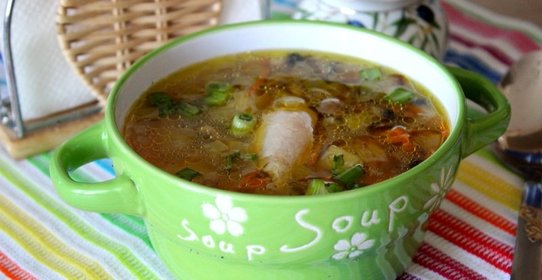 Куриный суп с рисом и шампиньонами