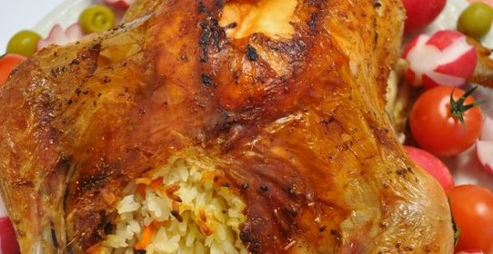 Курица запеченая в рукаве с рисом.