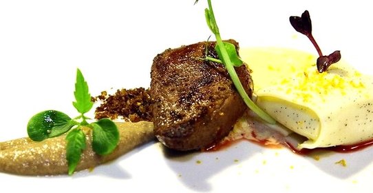 Грудка горного мясного голубя с пюре из белой моркови и куриной печени с соусом