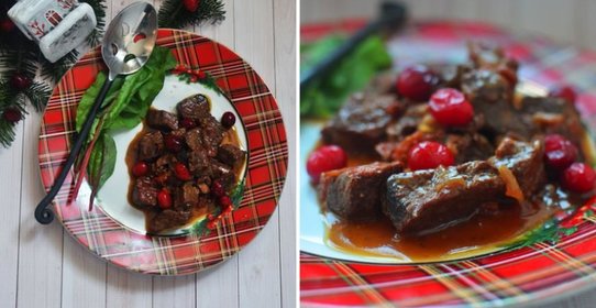 Телятина, тушенная в пиве с клюквой и вялеными помидорами