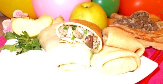 Блинчики с мясом белыми грибами и рисом