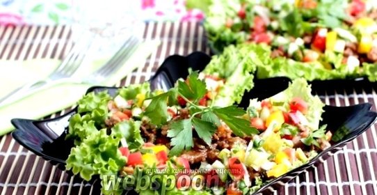 Стир-фрай из говядины на салатных листьях