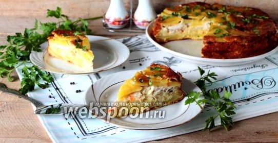 Заливной пирог-перевёртыш с капустой, курицей и картофелем