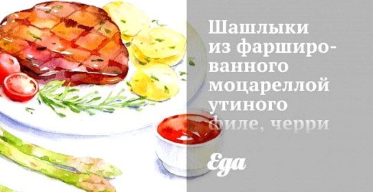 Шашлыки из фаршированного моцареллой утиного филе, черри и лука-шалота