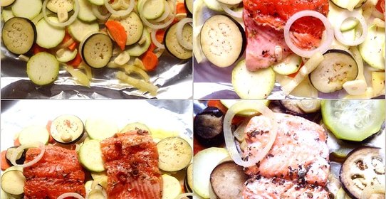 Форель, запеченная в фольге с сезонными овощами