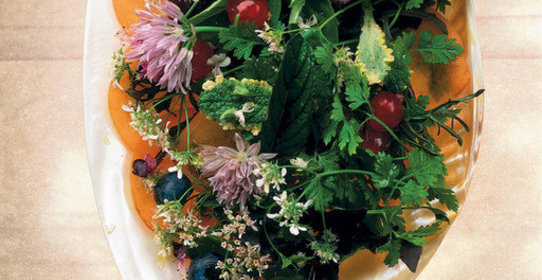 Салат из трав, листьев и цветов с абрикосовой стружкой