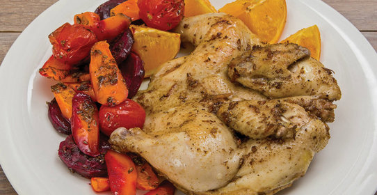 Цыплята с апельсином и овощами