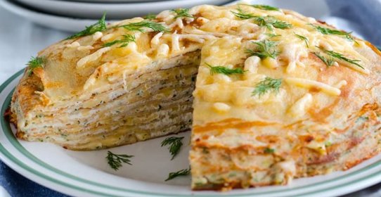 Блинный пирог с курицей и грибами
