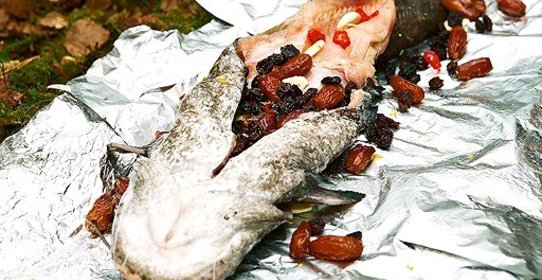Сом с финиками и изюмом на углях