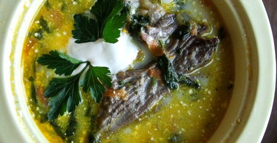 Зеленый борщ с крапивой, черемшой и шпинатом на говяжьем бульоне