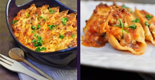 Конкильони с курицей и грибами под соусом бешамель и пармезаном