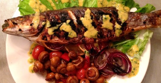 Сибас в гриле с овощами терияки