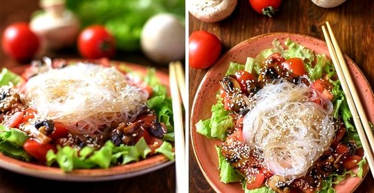 Фунчоза с грибами и помидорами черри