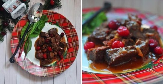 Телятина тушенная в пиве с клюквой и вялеными помидорами