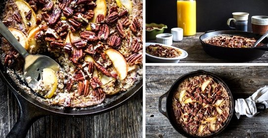 Пудинг из киноа с пеканом, яблоком и ревенем