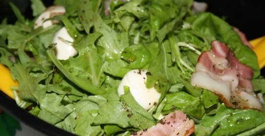 Легкий салат с руколой, моцареллой и беконом