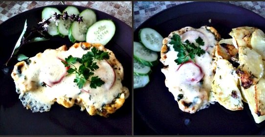 Нежная отбивная из куриной грудки под овощами с сыром и оливками