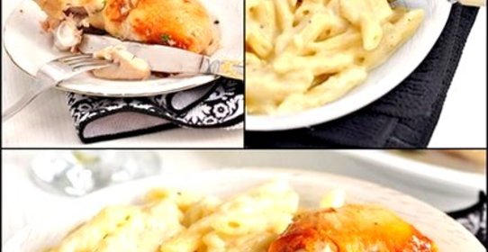 Жареная курица с чесночным соусом и пенне в сырно-сливочном соусе