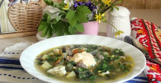 Зеленые весенние щи с фрикадельками