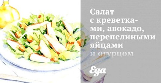 Салат с креветками, авокадо, перепелиными яйцами и огурцом