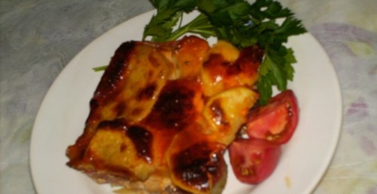 Картофель Дофине с помидорами и шампиньонами