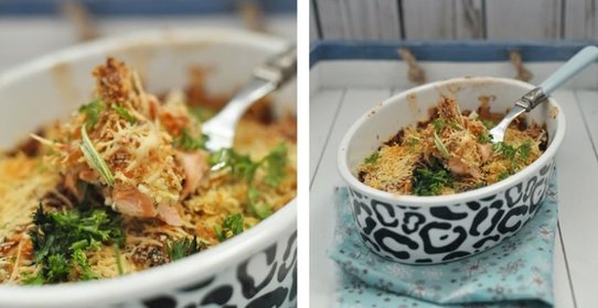 Сырная запеканка с лососем под хлебной крошкой