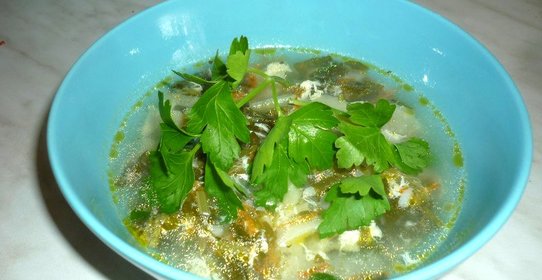 Зеленый борщ с щавелем и рисом на костном бульоне