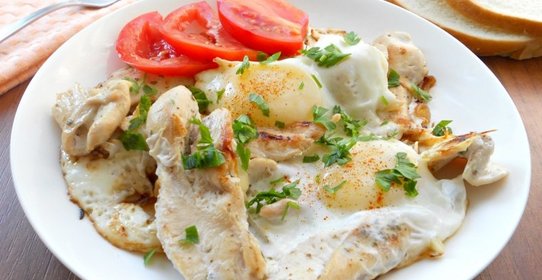 Куриное филе жареное на сковороде с яйцами