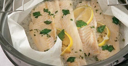 Морской язык в соусе из шампанского с креветками