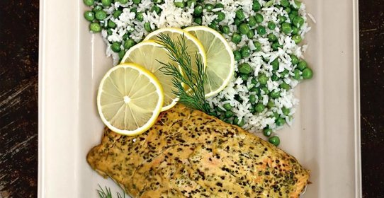 Лосось в горчичном маринаде с рисом