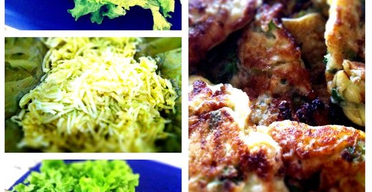 Оладьи из цукини с зеленым салатом, рукколой и базиликом