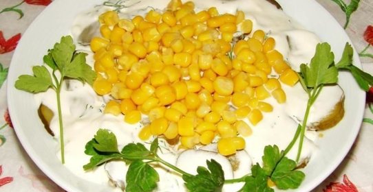 Салат с курицей и грибами и маринованными огурцами