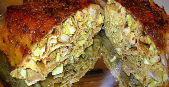 Курица фаршированная блинами