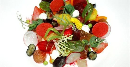 Винегрет с чипсами из томатов и ежевики