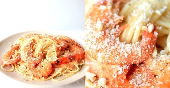 Спагетти с креветками в сливочно-томатном соусе с хлебно-чесночной крошкой