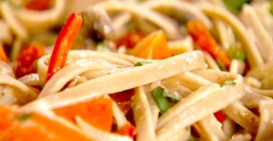 Паста примавера со спаржей и шампиньонами