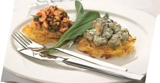 Креветки и мидии на картофеле пай