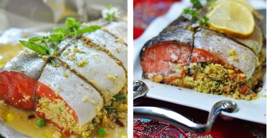 Запеченный лосось, фаршированный кускусом и овощами