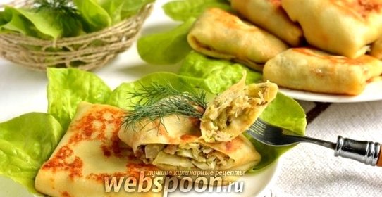 Блины с начинкой из молодой капусты, яиц и белых грибов