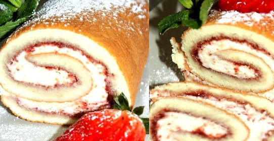 Бисквитный рулет с клубничным вареньем и взбитыми сливками