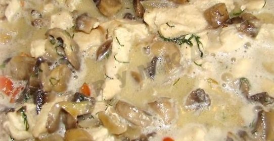 Курица с грибами-шампиньонами в соусе из сметаны и мадеры по-болгарски