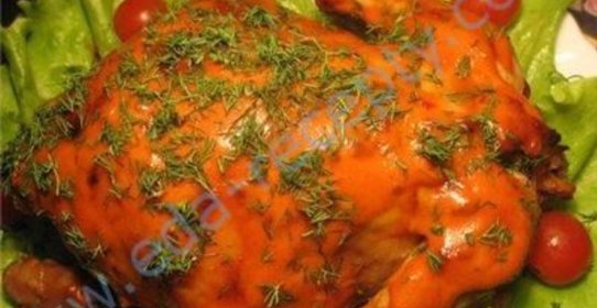 Курица с кизиловой начинкой на вертеле в духовке по-грузински